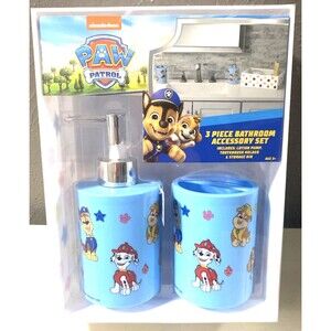 NEW PAW Patrol 3pc Bathroom Accessory Set Toothbrush Cup, Soap Pump, Storage Bin